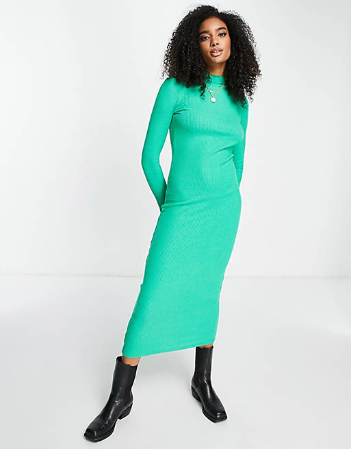 Vero Moda ribbed maxi dress with high neck in bright green