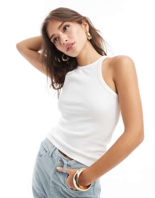 ribbed racer neck tank top in white