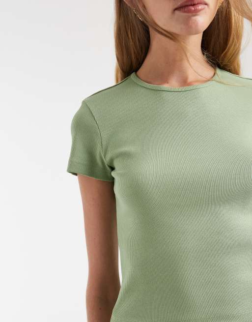 Vero Moda ribbed round neck T-shirt in mistletoe green, 2 of 4
