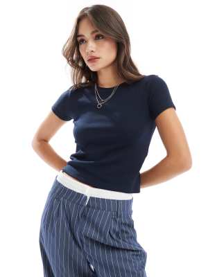 Vero Moda Ribbed Round Neck T-shirt In Navy