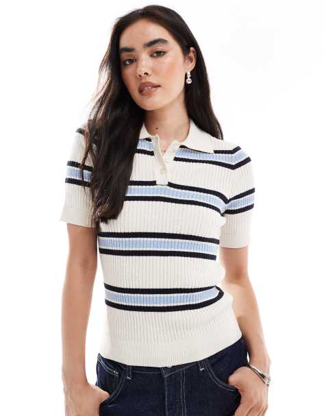 Vero Moda ribbed rugby style short sleeve polo in cream and soft blue stripe - view 1