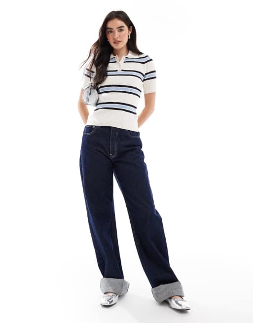 Vero Moda ribbed rugby style short sleeve polo in cream and soft blue stripe, 2 of 4