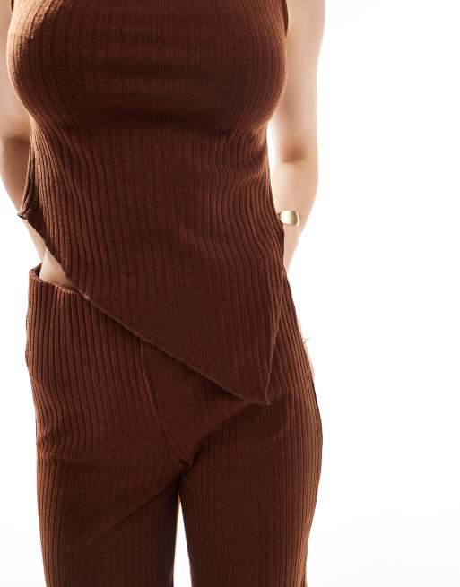 Vero Moda ribbed sleeveless asymmetic hem top in chocolate - part of a set, 3 of 4