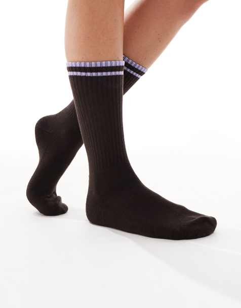 Vero Moda ribbed sports socks in chocolate brown with lavender stripe - view 1