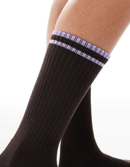 Vero Moda ribbed sports socks in chocolate brown with lavender stripe