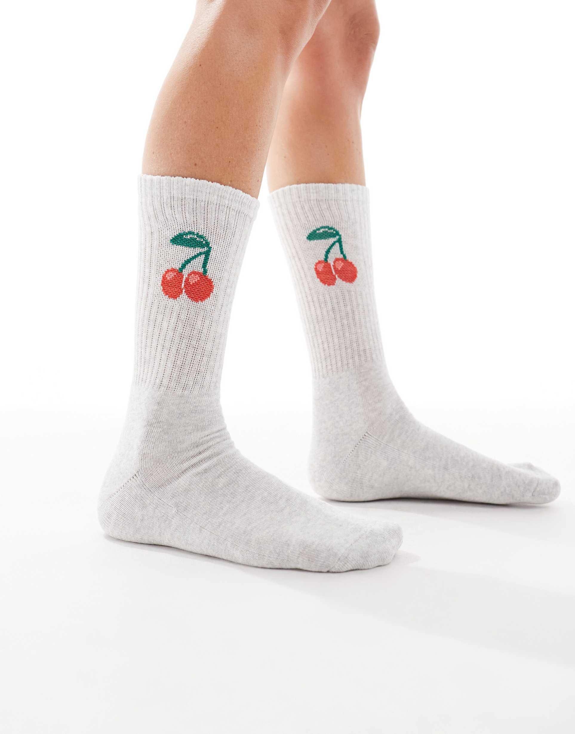 vero moda ribbed sports socks in light gray with cherry detail