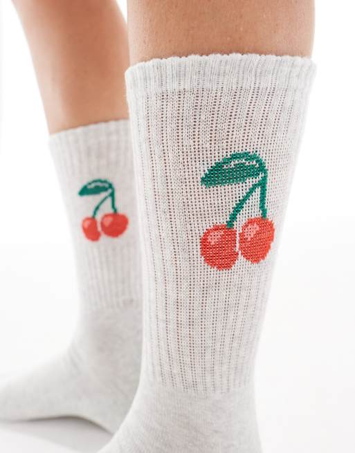 Vero Moda ribbed sports socks in light grey with cherry detail
