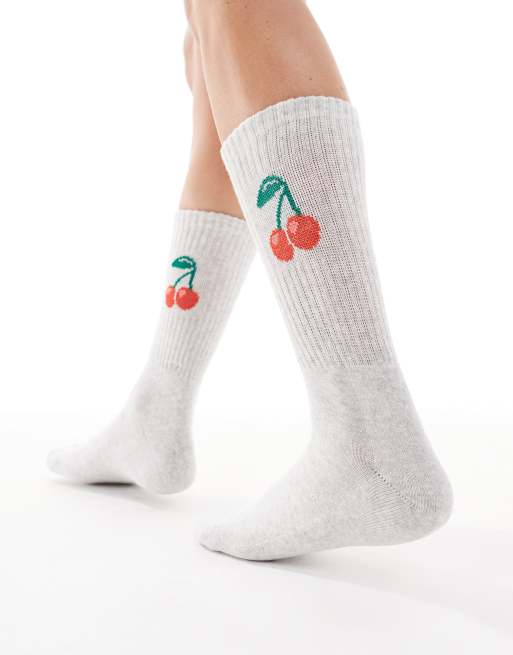 Vero Moda ribbed sports socks in light grey with cherry detail