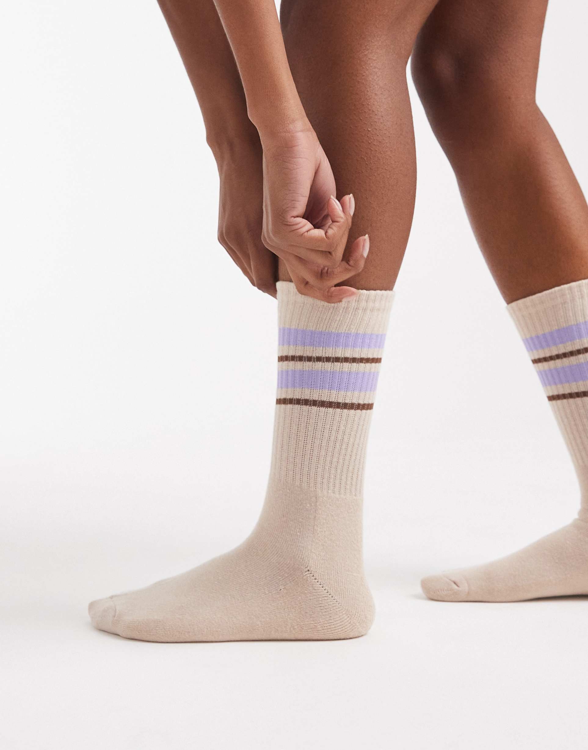 vero moda ribbed sports socks in oatmeal with lavender and brown stripe