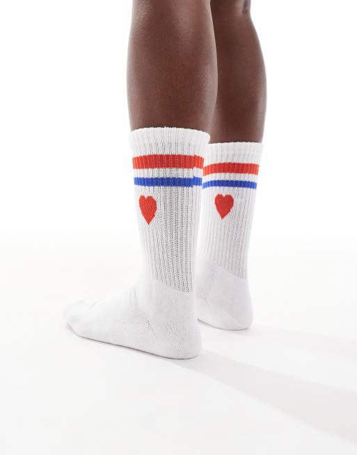 Vero Moda ribbed sports socks in white with heart and stripe detail, 2 of 3