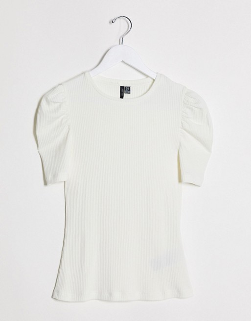 Vero Moda ribbed t-shirt with puff sleeves in white
