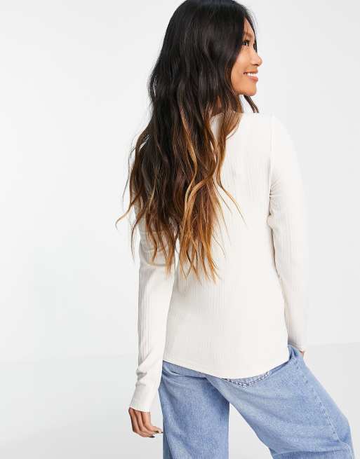 Vero Moda ribbed top with asymmetric neck in cream, 3 of 4
