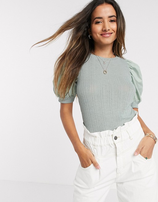 Vero Moda ribbed top with cotton puff sleeve in green