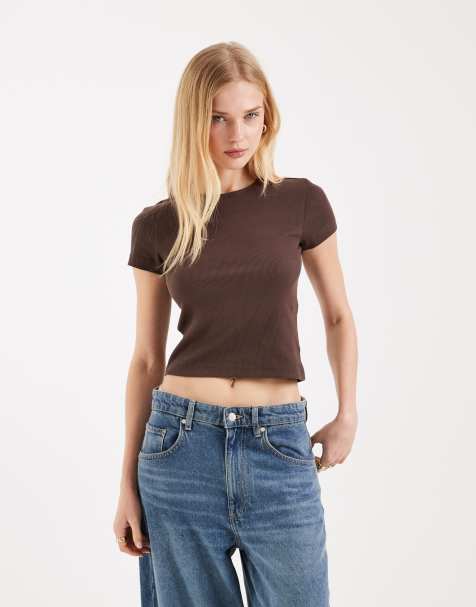 Vero Moda - Ribstrikket chokoladebrun T-shirt med rund hals - view 1