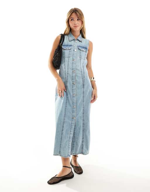 Vero Moda - Ærmeløs maxikjole med knapper foran i vintage-blå denim