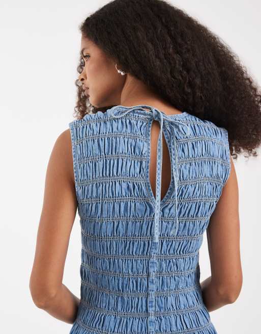 Vero Moda - Ærmeløs midikjole med rynker i denim i mellemblå vask, 2 af 4