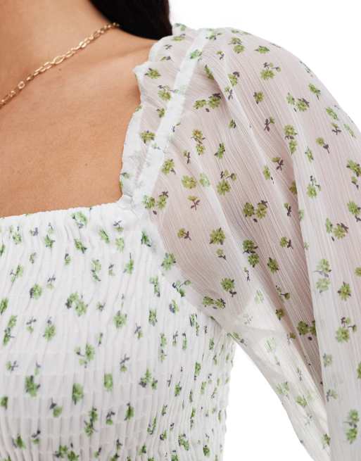 Vero Moda - Robe babydoll courte à petites fleurs avec manches longues et encolure carrée - Vert, 2 de 4