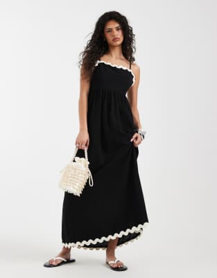 Robe caraco longue avec bords festonnés contrastants - Noir S