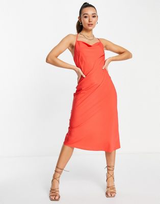 Vero Moda asymmetric strap cami midi dress in bright red - ASOS Price Checker