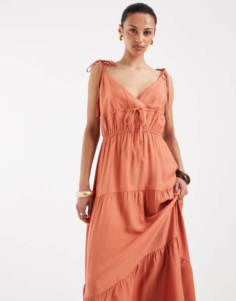 Vero Moda - Robe caraco mi-longue à volants étagés et bretelles nouées - Orange - view 1