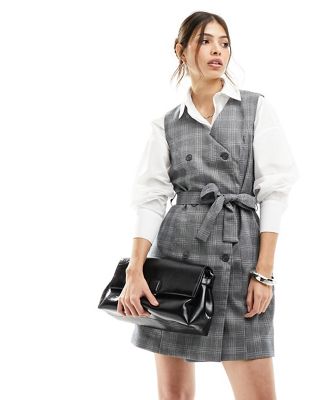 Vero Moda pinafore belted mini dress in grey check - ASOS Price Checker