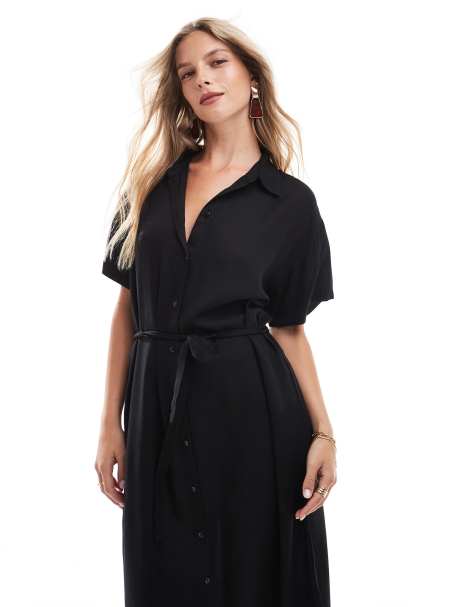 Vero Moda - Robe chemise mi-longue avec ceinture nouée - Noir - view 1