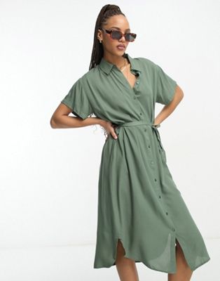 Vero Moda shirt midi dress with tie belt in green - ASOS Price Checker