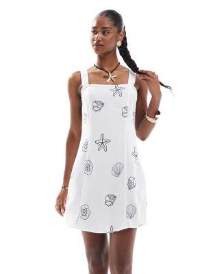 Robe courte à bretelles avec imprimé coquillages-Blanc XS