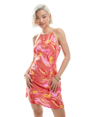 Robe courte à col montant et fines bretelles - Rouge marbré XS