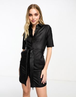 Vero Moda leather look belted mini dress in black  - ASOS Price Checker