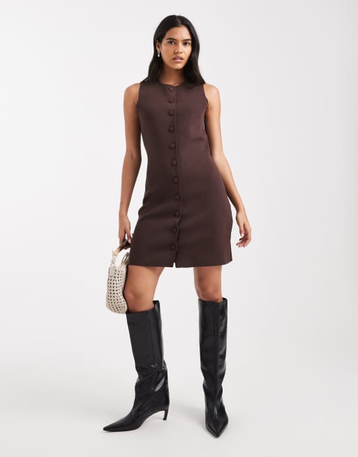 Vero Moda - Robe courte en maille à boutons couverts - Marron chocolat, 4 de 4