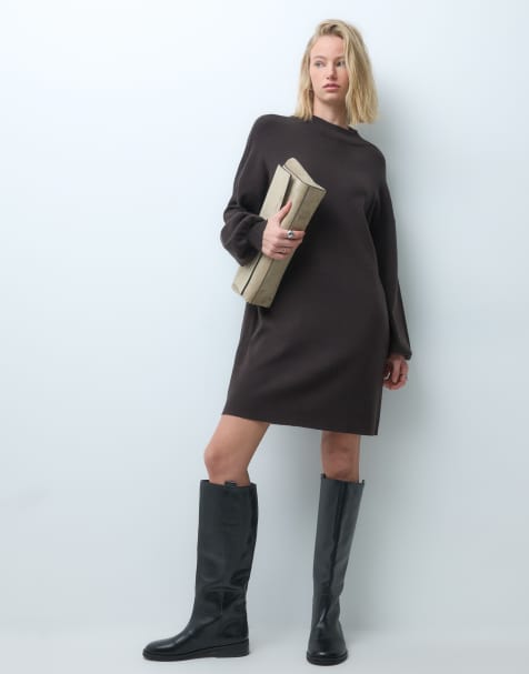 Vero Moda robe courte en maille à col cheminée marron chocolat - view 1