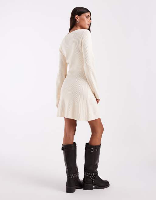 Vero Moda robe courte en maille à manches longues et col bateau crème, 3 de 4