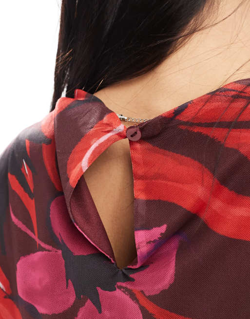 Vero Moda - Robe courte sans manches en tulle à encolure bateau avec imprimé - Bordeaux et rouge, 2 de 4