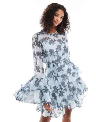 Vero Moda - Robe courte style bohème en mousseline à volants - Bleu fleuri - view 1