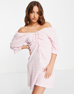 Vero Moda tie front milkmaid mini dress in pink gingham - ASOS Price Checker