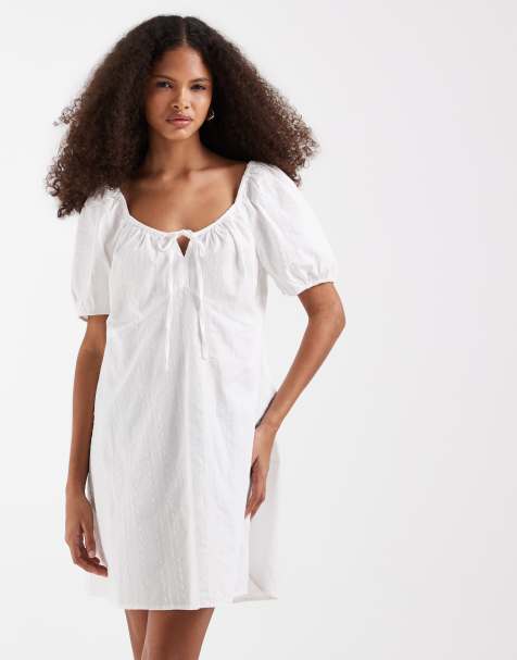 Vero Moda - Robe courte tendance folk en broderie anglaise de coton avec manches bouffantes - Blanc - view 1