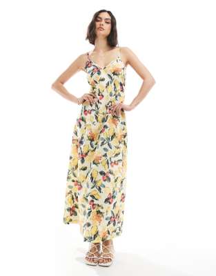Robe longue à bretelles fines et imprimé fruits estival-Jaune XL