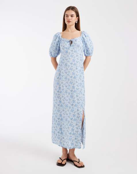 Vero Moda - Robe longue à imprimé fleuri à manches bouffantes et détail noué à l'avant - Bleu - view 1