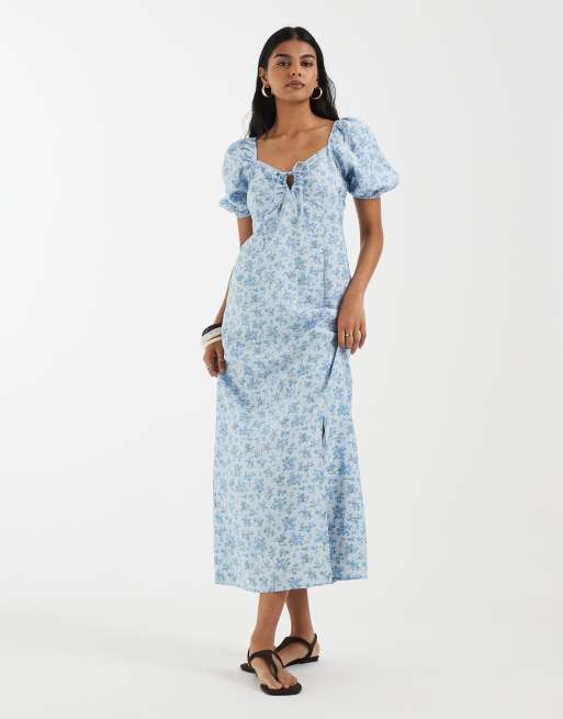 Vero Moda - Robe longue à imprimé fleuri à manches bouffantes et détail noué à l'avant - Bleu, 2 de 4