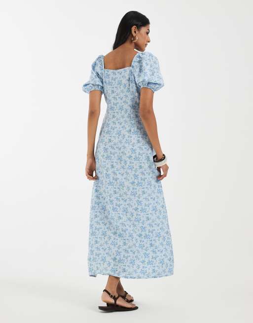 Vero Moda - Robe longue à imprimé fleuri à manches bouffantes et détail noué à l'avant - Bleu, 4 de 4