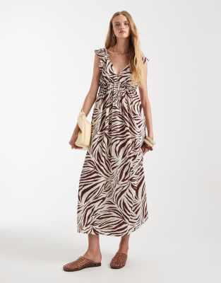 Robe longue à imprimé zébrures avec col V et volants aux épaules - Chocolat-Brown L