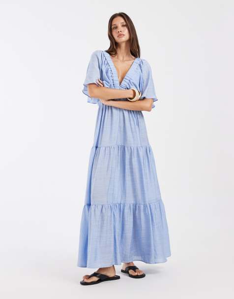 Vero Moda - Robe longue à manches bouffantes et volants - Bleu clair - view 1