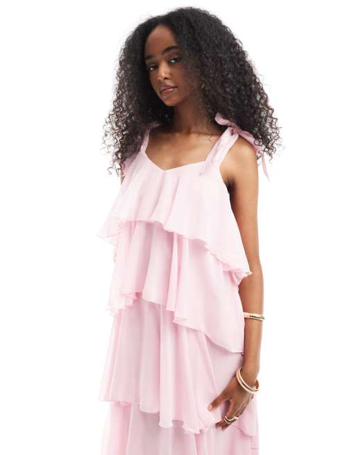 Vero Moda Robe longue à volants avec épaules nouées Rose ASOS