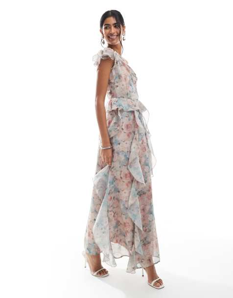 Vero Moda - Robe longue asymétrique en mousseline à volants - Imprimé fleuri délavé - view 1