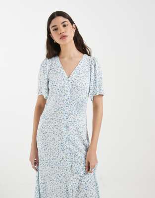 Robe longue boutonnée à petites fleurs - Blanc et bleu S