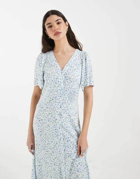 Vero Moda - Robe longue boutonnée à petites fleurs - Blanc et bleu - view 1