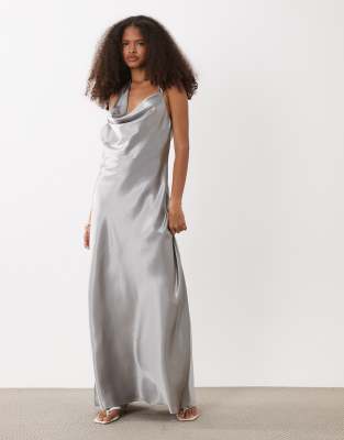 Robe longue dos nu en satin à encolure dégagée - Argenté XL