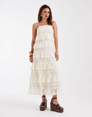 Robe longue en coton à petites fleurs avec bretelles fines et volants étagés bordés de dentelle - Crème-Blanc 2XL