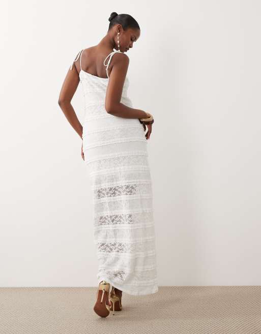 Vero Moda - Robe longue en dentelle fleurie stretch à fines bretelles nouées - Blanc, 4 de 4